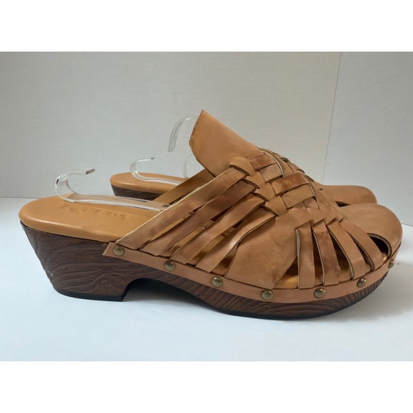 Korks by Kork-Ease Shoes - Korks by Kork-Ease Tan Woven Leather Wood Wedge Clogs Mules Size US 11 EU 43